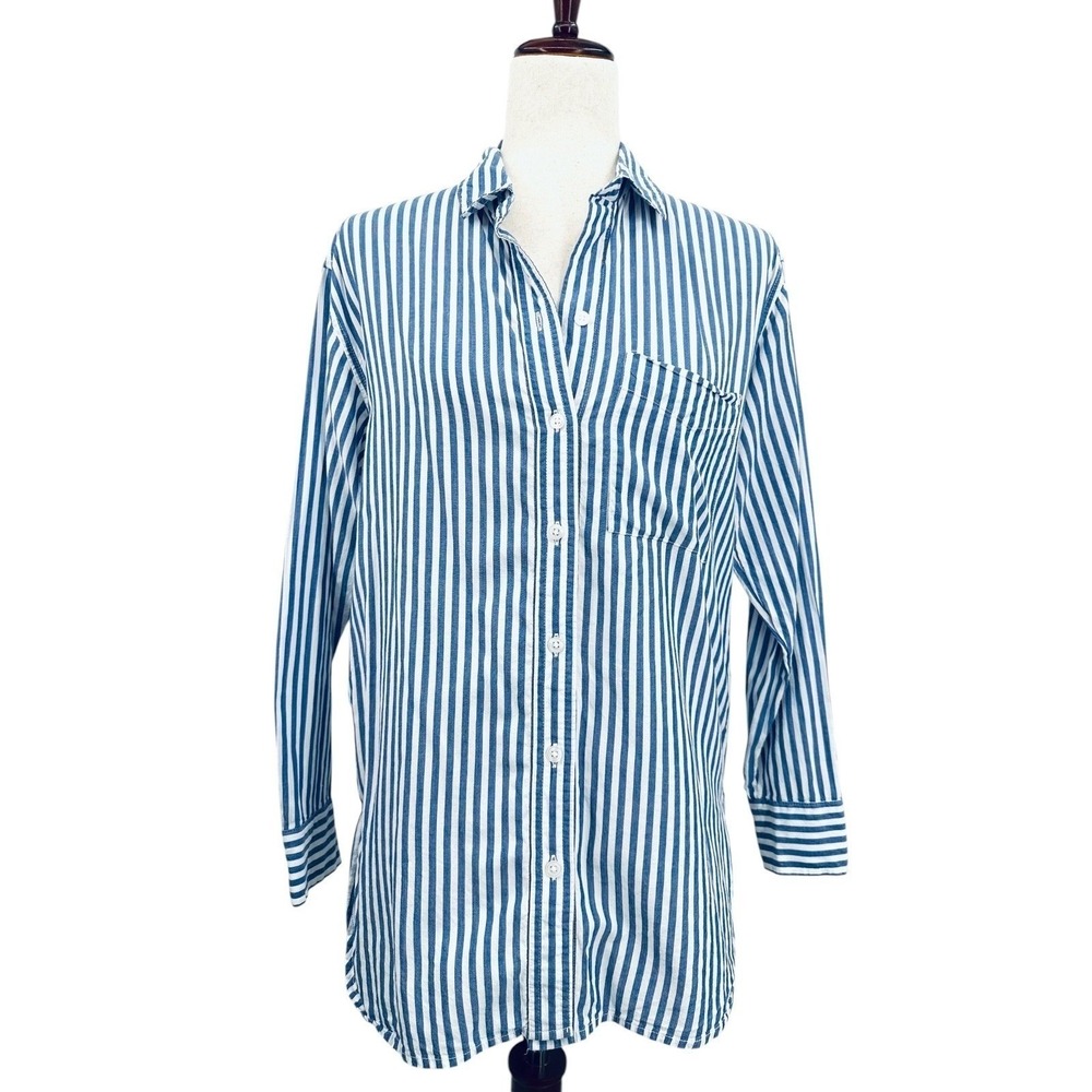 Beach Lunch Lounge Button-up Shirt Blue‎ & White Stripe Cotton Blend Women's XS